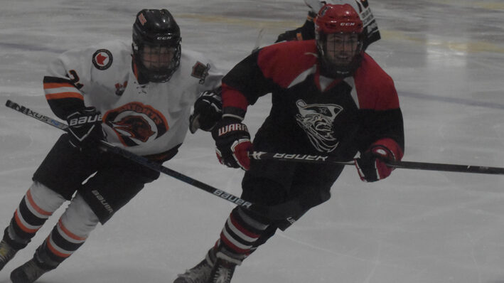 <p>CLOSE QUARTERS- North Kawartha’s Matthew Willbee tires to track down Picton’ s Derrick Vos during the Knights 6-3 win over the Pirates at Lehigh Arena on Sunday.  (Jason Parks/Gazette Staff)</p>
