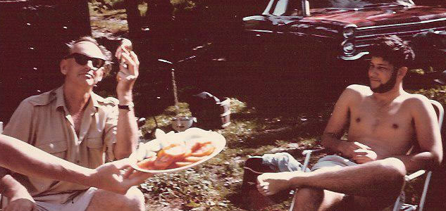 <p>A DAY AT THE ‘A’- (From left) Canadian literary titans Al Purdy and Micheal Ondaatje spend some time in the sun at the former’s A-Frame cottage on Roblin Lake in the late 1960’s. (Al Purdy A Frame Association photo)</p>
