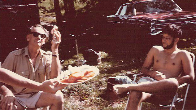 <p>A DAY AT THE ‘A’- (From left) Canadian literary titans Al Purdy and Micheal Ondaatje spend some time in the sun at the former’s A-Frame cottage on Roblin Lake in the late 1960’s. (Al Purdy A Frame Association photo)</p>
