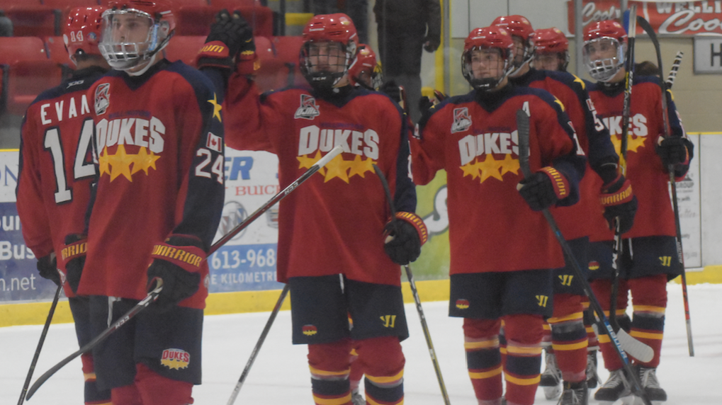 <p>LAST MINUTE DELIVERY- They survived a four goal lead collapse but the Wellington Dukes won their home opener 6-5 over the Brampton Admirals on Friday night at Lehigh Arena. (Jason Parks/Gazette Staff)</p>
