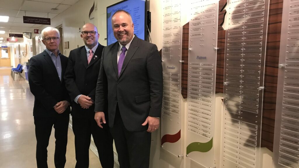 <p>HONOURING THOSE THAT GAVE- Southeast Local Health Integration Network CEO Paul Huras, County of Prince Edward Mayor Steve Ferguson and Bay of Quinte MPP Todd Smith at Friday’s Prince Edward County Memorial Hospital Foundation’s Donor Wall Commemoration event. Over 200 entries were added or upgraded on the Donor wall at the local hospital. (Submitted Photo)</p>
