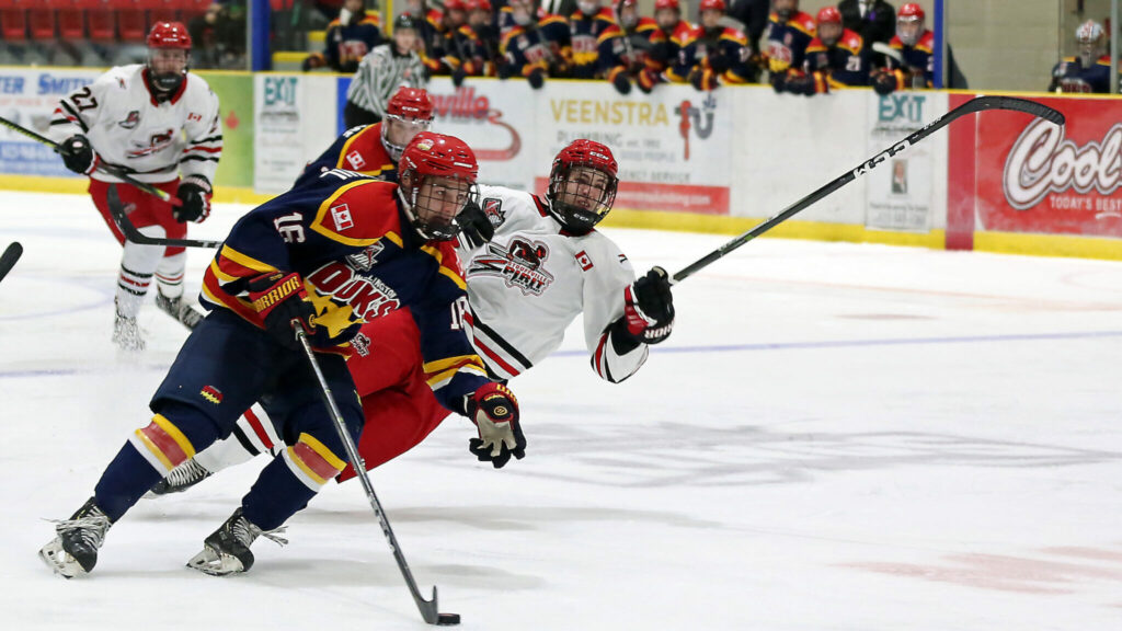<p>Wellington’s Jacob Vreugdenhil breezes by a falling Stoufville Spirit defender during the Dukes 6-2 win at LeHigh Arena Friday night. (Ed McPherson / OJHL Images)</p>
