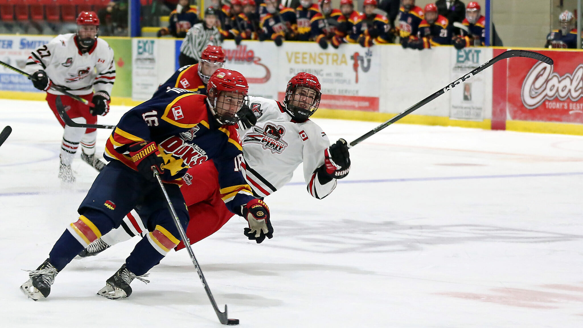 <p>Wellington’s Jacob Vreugdenhil breezes by a falling Stoufville Spirit defender during the Dukes 6-2 win at LeHigh Arena Friday night. (Ed McPherson / OJHL Images)</p>
