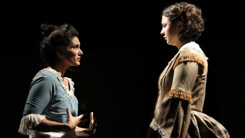 <p>IN CHARACTER-Members of the Prince Edward Community Theatre group (left) Miss Lizzie Borden (Robin Snip)  and Bridget Sullivan (Ruth Laliberte), have a heartfelt conversation in “Blood Relations” which debuted Oct. 19th at Mount Tabor Playhouse in Milford. (Desirée Decoste/Gazette Staff)</p>

