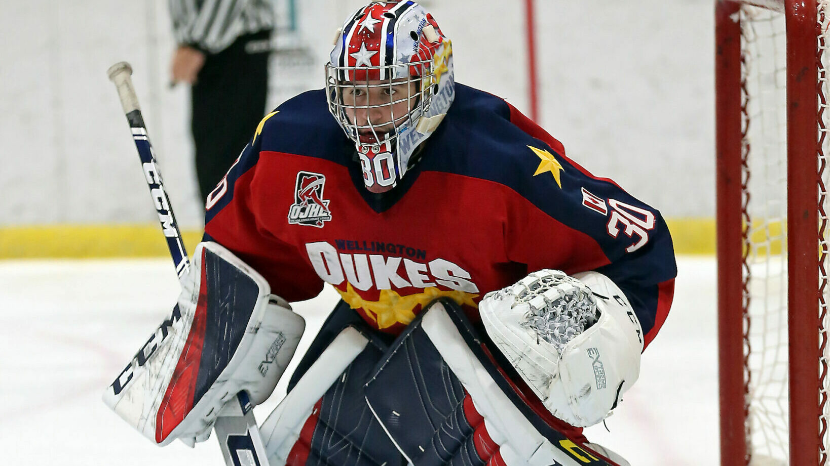 <p>Wellington Dukes netminder Matthew Keeley picked up his second OJHL shutout on Thursday night in a 6-0 win over Aurora at Lehigh Arena.<br />
(Ed McPherson / OJHL Images)</p>
