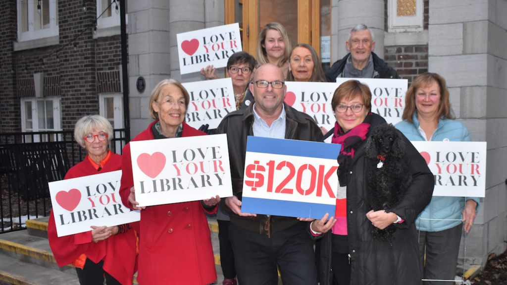 <p>QUITE A MONTH- (Centre) County of Prince Edward Mayor Steve Ferguson joins with supporters of the Picton Library Expansion Thursday to celebrate a successful close to the ‘Love your Library’ month-long fundraising campaign. (Jason Parks/Gazette Staff)</p>

