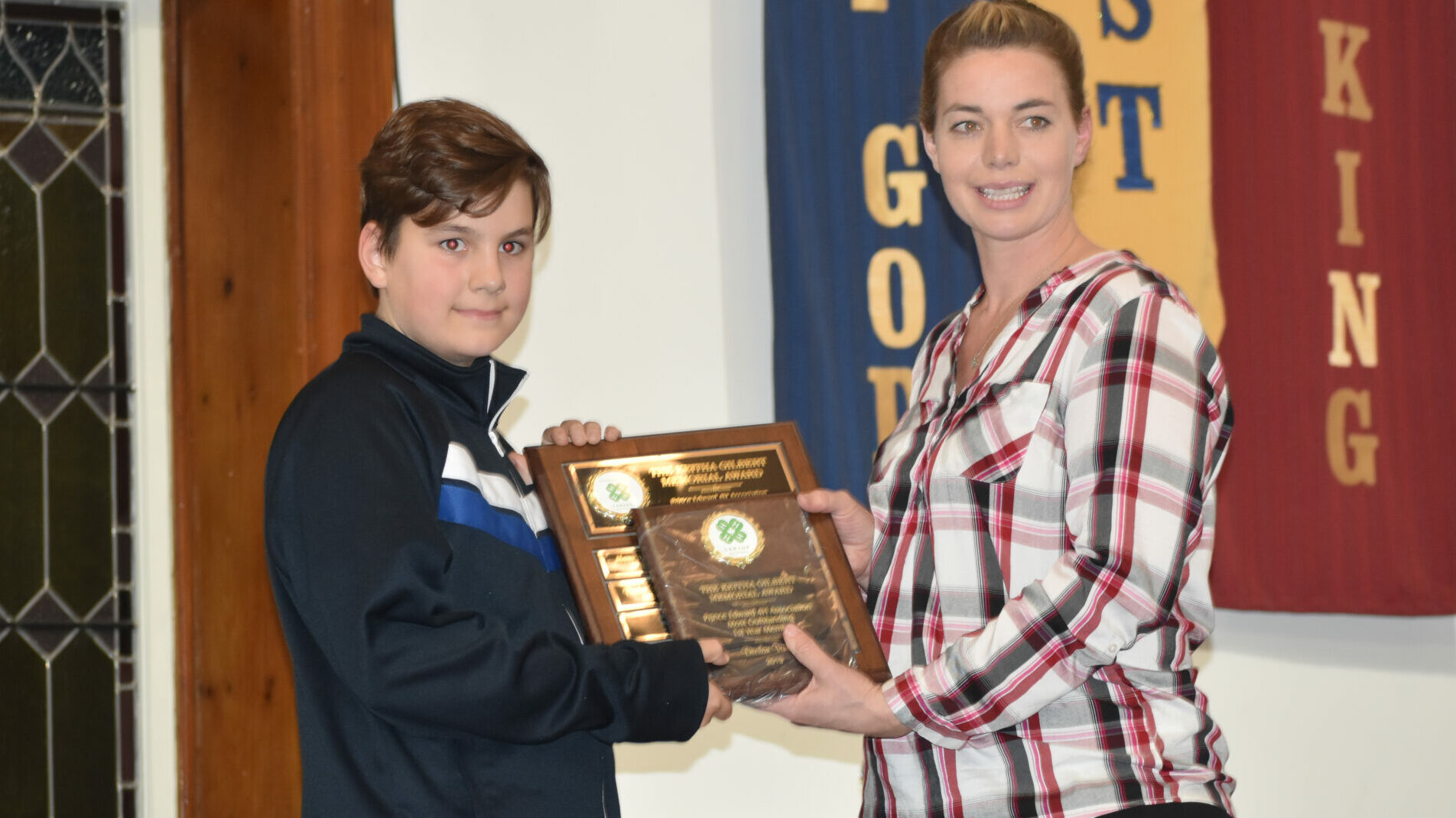 <p>OUTSTANDING YEAR- Prince Edward 4H Member Declan Vincent is presented the 2019 Keitha Gilbert Memorial Award for most outstanding first year member from club leader Liz Williams at the annual 4H awards night at the Hope Centre  Friday. (Sarah Williams/Gazette Staff)</p>
