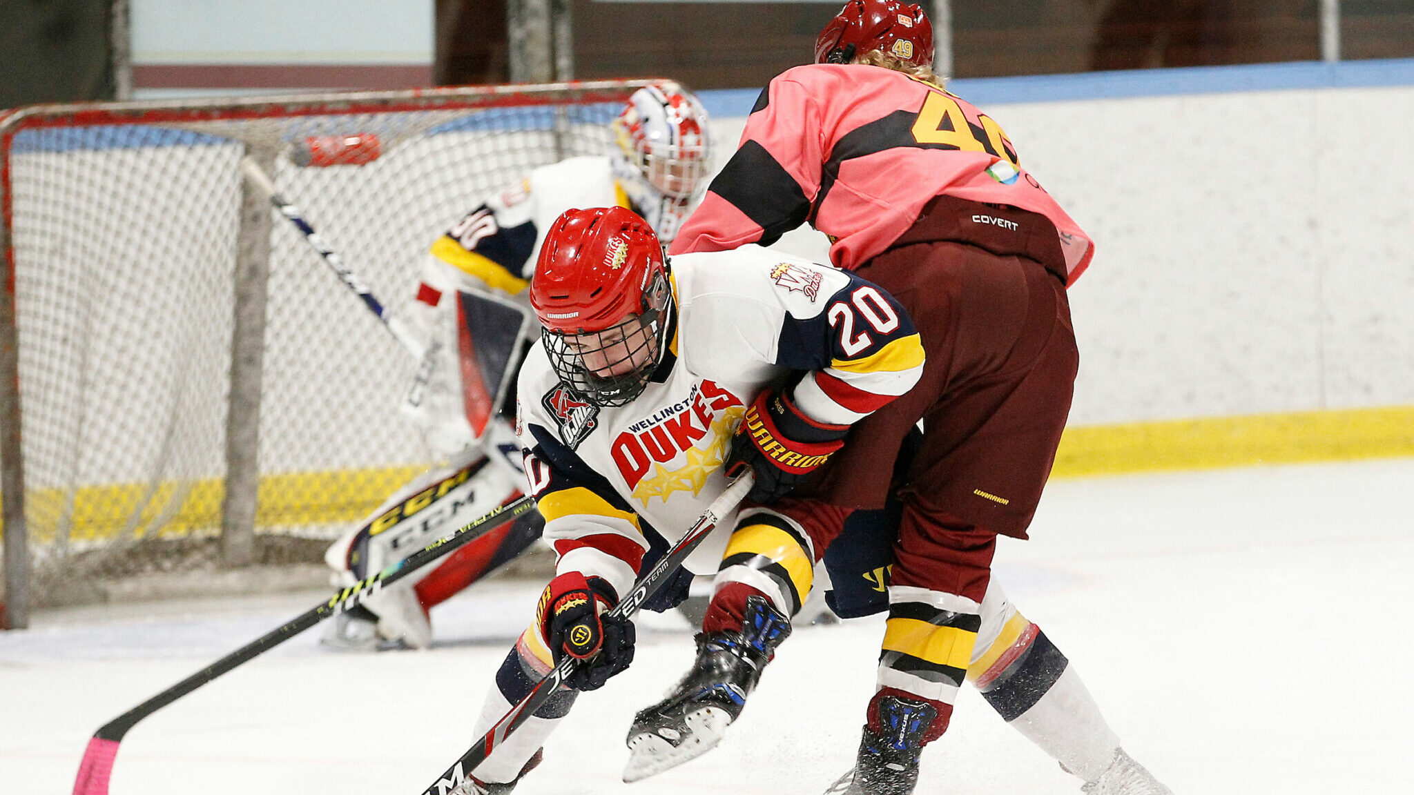 <p>BIG BEN- Wellington Duke Ben Addison makes a hit on Dakota Zarudny of the host Brampton Admirals Saturday night at the Brampton Memorial Centre. Addison had a goal and the Dukes won 5-3.<br />
(Photo by Tim Bates / OJHL Images)</p>
