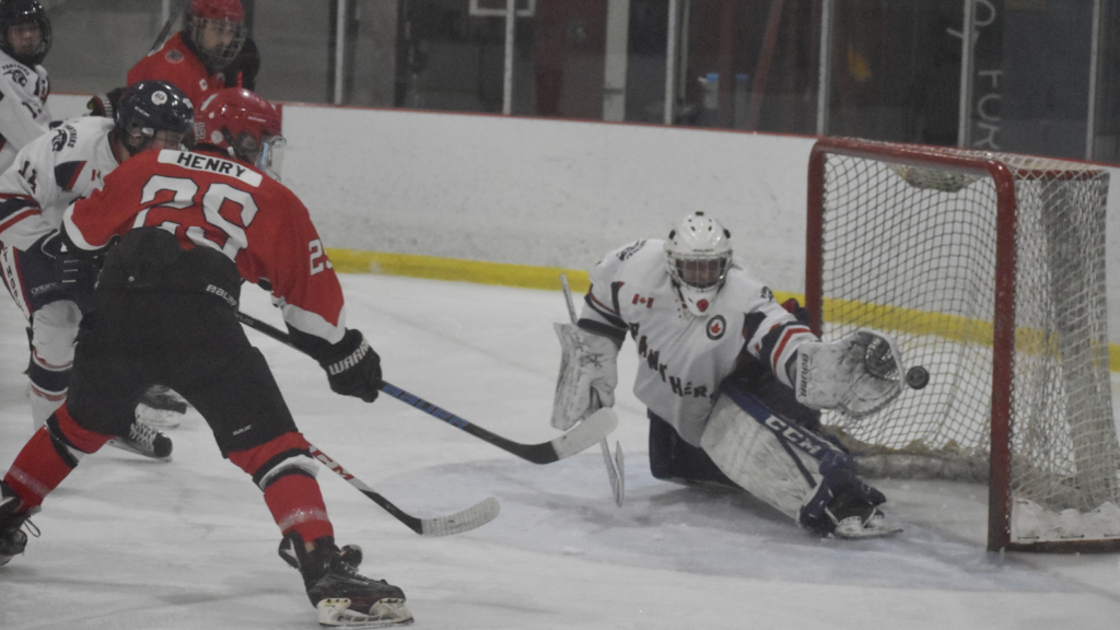 <p>COMMON OCCURENCE Khaden Henry snaps home one of his division leading 37 goals against the Port Hope Panthers. Henry was the Pirates’ top scorer and Rookie of the Year in 2019-20.(Jason Parks/Gazette Staff)</p>
