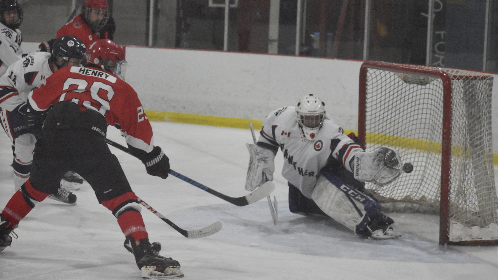 <p>COMMON OCCURENCE Khaden Henry snaps home one of his division leading 37 goals against the Port Hope Panthers. Henry was the Pirates’ top scorer and Rookie of the Year in 2019-20.(Jason Parks/Gazette Staff)</p>
