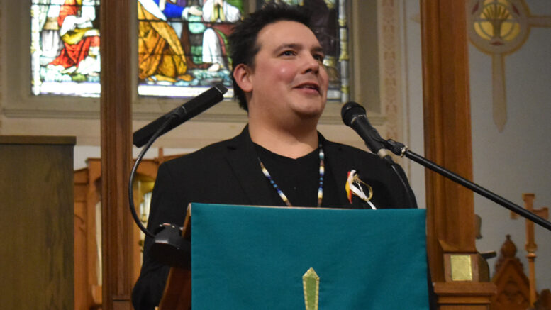 <p>SINCLAIR SPEAKS Author, educator and columnist Dr. Niigaan Sinclair spoke at St. Mary Magdalene Church Tuesday evening about all sides of the legacy of Sir John A. Macdonald. (Jason Parks/Gazette Staff)</p>
