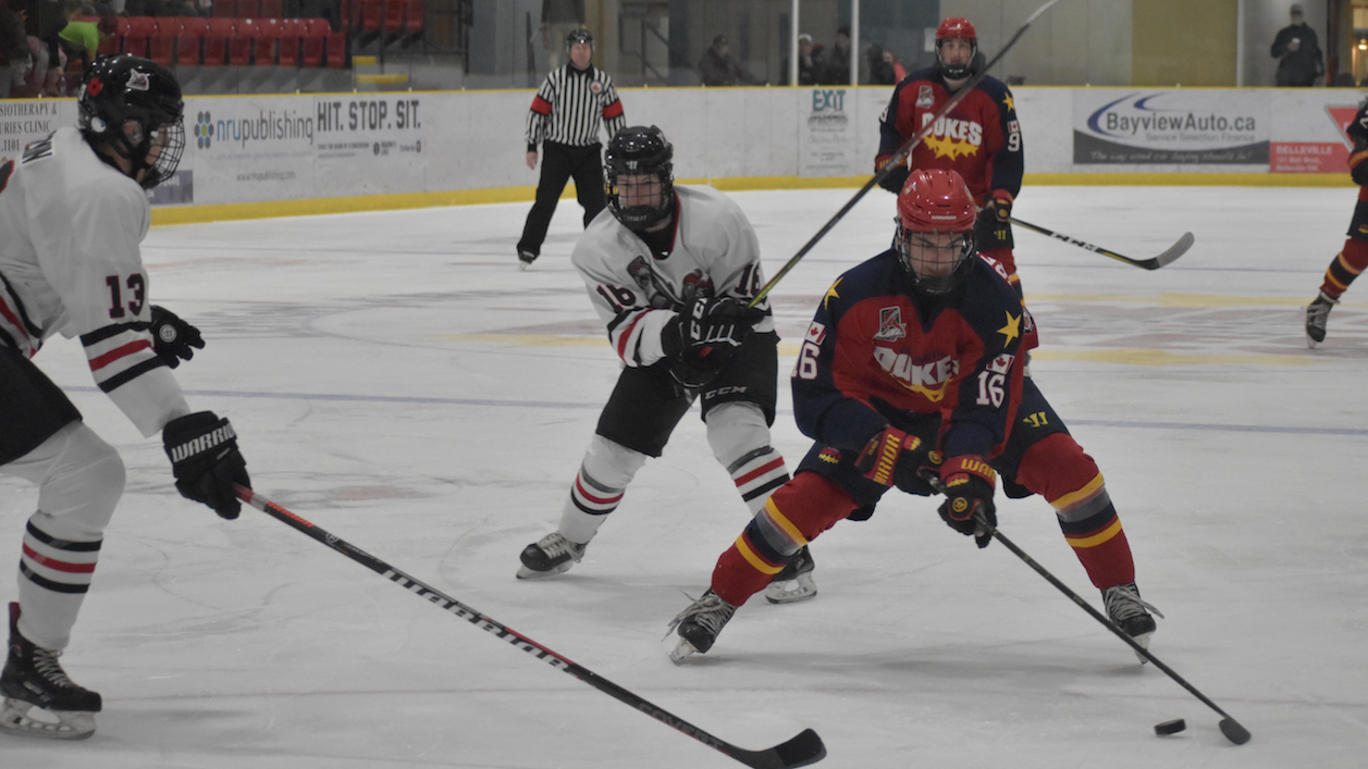 <p>ON THE MOVE- Wellington&#8217;s Jacob Vreugdenhil works his way into the Mississauga zone during the Dukes&#8217; 3-1 win at Lehgih Arena Friday night. (Jason Parks/Gazette Staff)</p>
