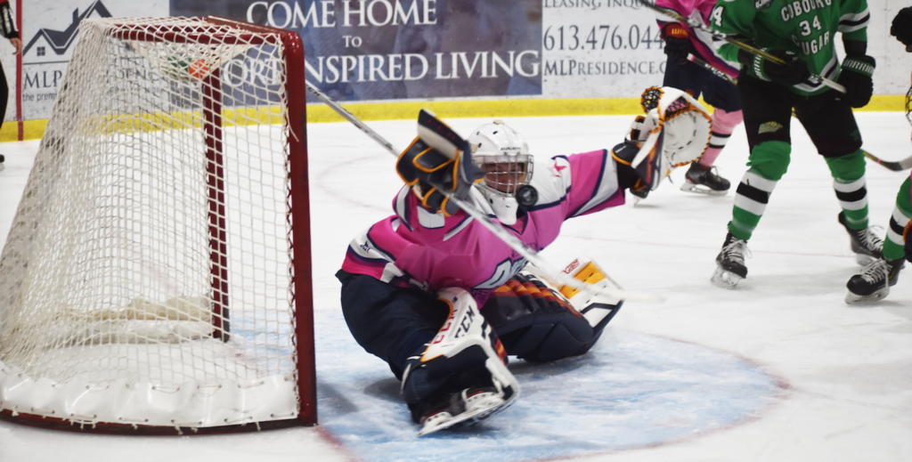 <p>ALL OUT- Wellington Dukes goaltender Matthew Dunsmoor stretches out to make a  save in the 2019-20 season.  (Jason Parks/Gazette Staff)</p>
