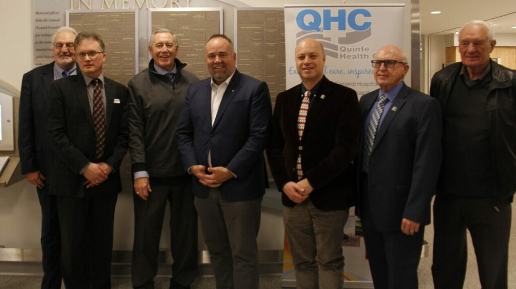 <p>INFRASTRUCTURE DOLLARS From left, QHC Board of Directors Chair Stuart Wright, QHC Vice President and Chief Financial Officer Brad Harrington, MPP for Hastings-Lennox and Addington Daryl Kramp, MPP for Bay of Quinte and Minister of Children, Community and Social Services Todd Smith, Belleville Mayor Mitch Panciuk, Belleville City Councillor Bill Sandison and City of Quinte West Deputy Mayor Jim Alyea at the announcement of the Health Infrastructure Renewal Fund in Belleville Friday. (Desirée Decoste/Gazette Staff)</p>
