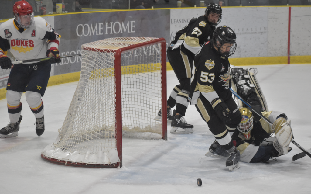 <p>Action between the Wellington Dukes and Trenton Golden Hawks from Dec. 2019. (Jason Parks/Gazette Staff)</p>
