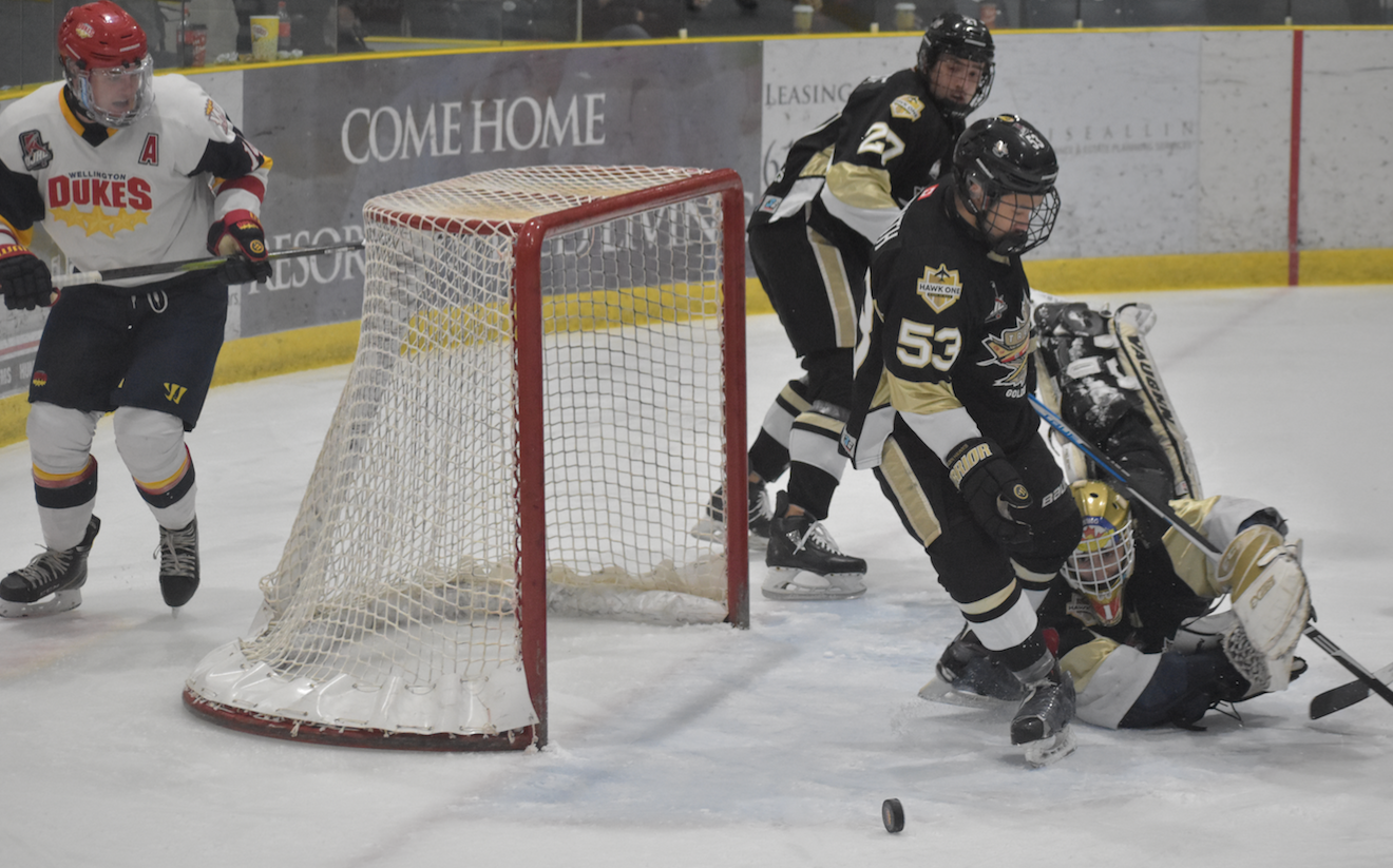 <p>Action between the Wellington Dukes and Trenton Golden Hawks from Dec. 2019. (Jason Parks/Gazette Staff)</p>
