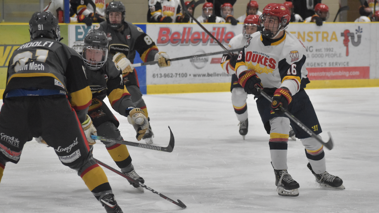 <p>FLYING HIGH AGAIN Wellington Dukes forward Jacob Vreugdenhil watches the puck go skyward during his club’s 6-1 over the visiting Aurora Tigers Friday. Wellington hosts the Trenton Golden Hawks this Friday in their last game of 2019. (Jason Parks/Gazette Staff)</p>
