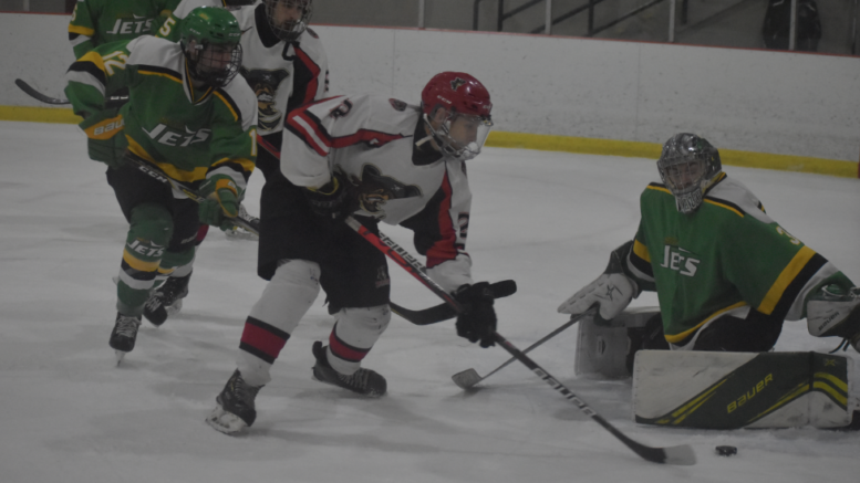<p>ON THE HUNT- Picton’s Nick Kirby-Palliser tries to lift the puck over Amherstview Jets goalie Brady Sarazin. The Pirates downed the visiting Jets 5-3 Thursday night. (Jason Parks/Gazette Staff)</p>

