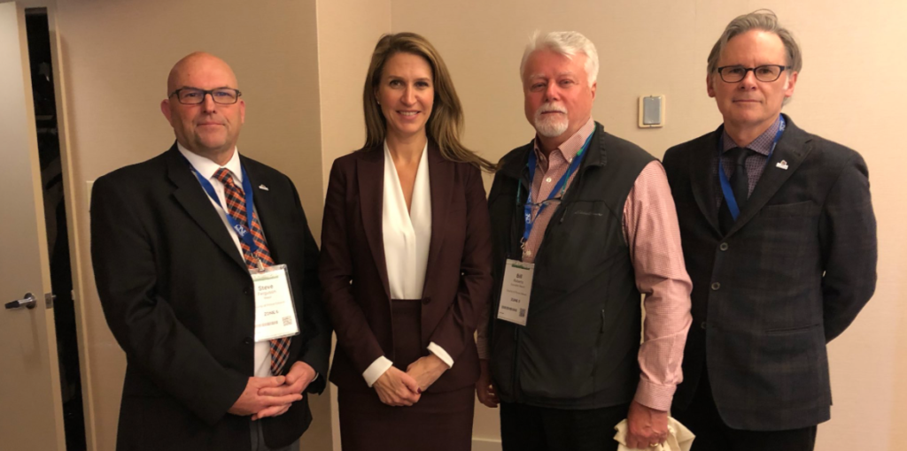 <p>MINISTERIAL MEETING- (From Left) County of Prince Edward Mayor Steve Ferguson along with councillors Bill Roberts and Mike Harper meet Ministry of Transportation Caroline Mulroney at the ROMA conference in early 2020. (@ShireHall Twitter photo)</p>
