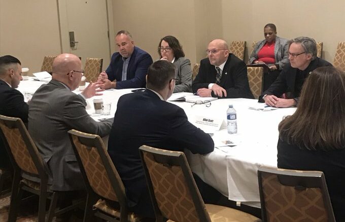 <p>AT THE TABLE- (From Left) Bay of Quinte MPP Todd Smith, County CAO Marica Wallace, Mayor Steve Ferguson and councillor Mike Harper meet with (Left, seated with back turned) Minister of Municipal Affairs and Housing Steve Clark at the 2020 ROMA Conference Sunday. (Todd Smith Twitter photo)</p>

