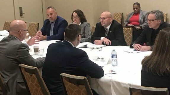 <p>AT THE TABLE- (From Left) Bay of Quinte MPP Todd Smith, County CAO Marica Wallace, Mayor Steve Ferguson and councillor Mike Harper meet with (Left, seated with back turned) Minister of Municipal Affairs and Housing Steve Clark at the 2020 ROMA Conference Sunday. (Todd Smith Twitter photo)</p>
