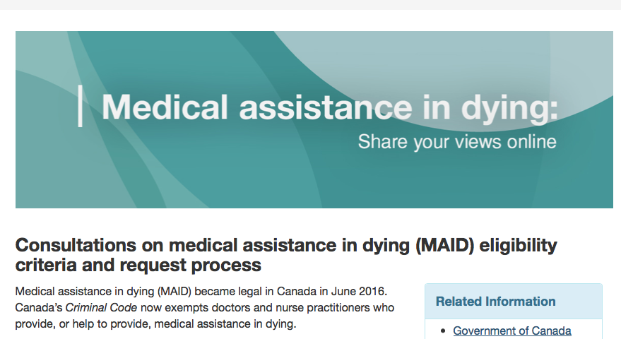 <p>CONSULTATION WINDOW- The Department of Justice is calling on Canadians to provide their opinion on the eligibility and criteria needed to enrol in the Medical Assistance In Dying program. (DOJ screen shot)</p>
