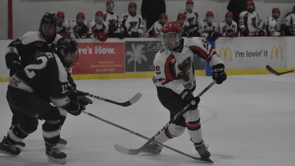 <p>ON A RAID- Pirate forward Khaden Henry unleashes a back hand attempt past Napanee Raider Matt Panetta during Picton’s 6-3 win at home Thursday night. (Jason Parks/Gazette Staff) </p>
