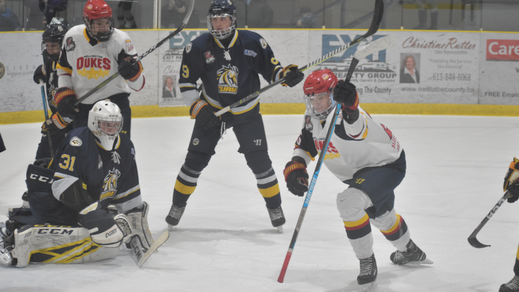 <p>IF LOOKS COULD KILL- Whitby goaltender Will Craig realizes the puck is behind him as Wellington Duke Dylan Massie begins his goal celebration in the first period of the Dukes’ 5-2 win over the Fury at Lehigh Arena Friday night. (Jason Parks/Gazette Staff)</p>
