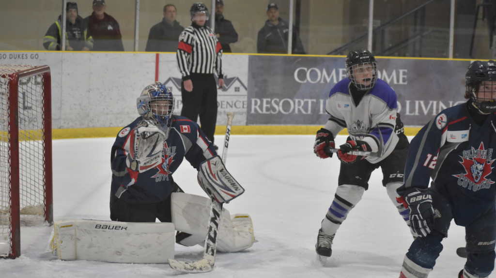 <p>ELIMINATED- Bantam B Kings forward Liam Philip skates to a position in front of the Elmvale net. The Kings finished off the Coyotes and are moving on to the OMHA Semi Finals. (Jason Parks/Gazette Staff)</p>
