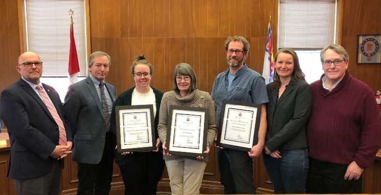 <p>LOCAL HERITAGE AWARDS – Mayor Steve Ferguson and Ken Dewar, Chair of the PEC Heritage Advisory Committee flank recipients (L-R): Mark Stabb, Program Director of the Central Ontario-East Nature Conservancy of Canada, Amanda Tracey, Coordinator of Conservation Biology Quinte, author Janet Kellough and Scott Bailey and Lindsay Reid of Branch Architecture who accepted the award on behalf of The Armoury Group. (Photo Courtesy of The County of Prince Edward).</p>

