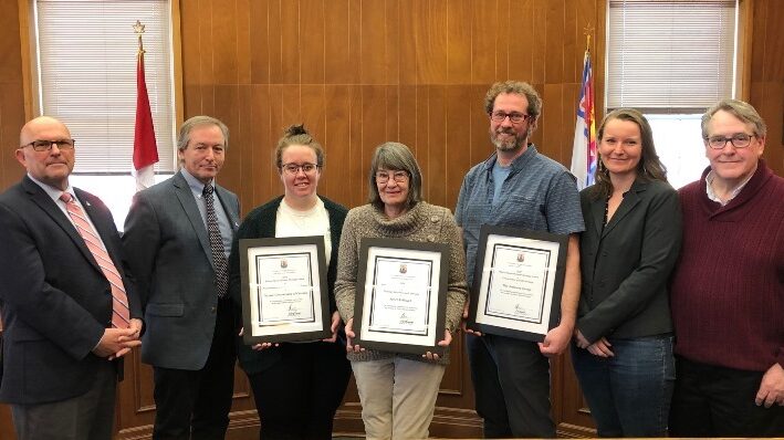 <p>LOCAL HERITAGE AWARDS – Mayor Steve Ferguson and Ken Dewar, Chair of the PEC Heritage Advisory Committee flank recipients (L-R): Mark Stabb, Program Director of the Central Ontario-East Nature Conservancy of Canada, Amanda Tracey, Coordinator of Conservation Biology Quinte, author Janet Kellough and Scott Bailey and Lindsay Reid of Branch Architecture who accepted the award on behalf of The Armoury Group. (Photo Courtesy of The County of Prince Edward).</p>
