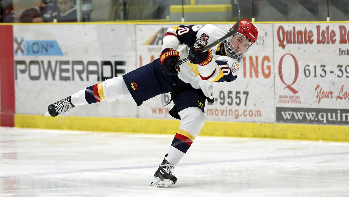 <p>Wellington Dukes defenceman Jacob Breckles had a shorthanded goal in Saturday night&#8217;s win over the visiting Markham Royals. (Ed McPherson/OJHL Images)</p>
