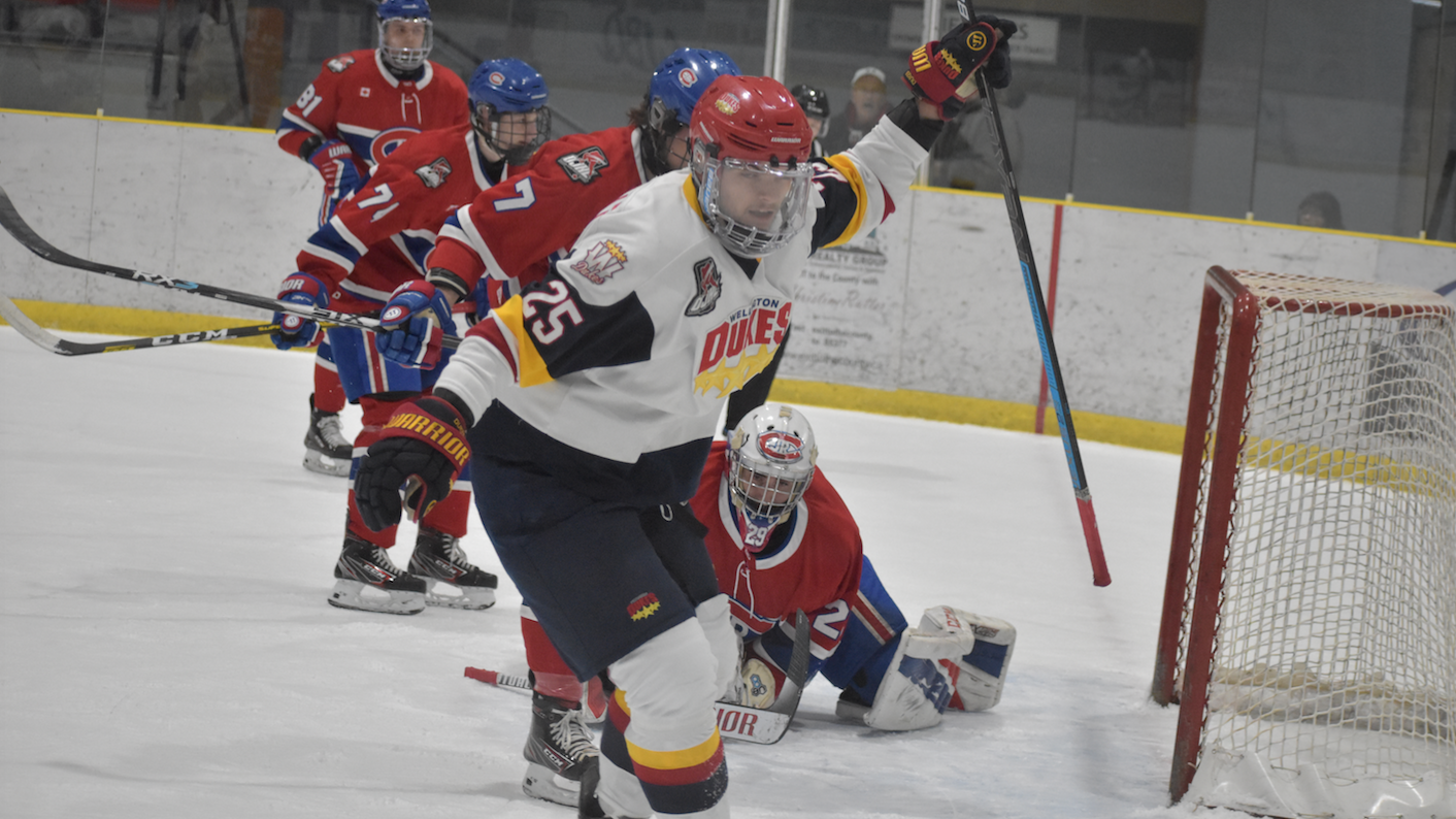 <p>Wellington Duke Dylan Massie celebrates his first period goal against the visiting Toronto Jr. Canadiens Friday night. Wellington won the game 4-0. (Jason Parks?Gazette Staff)</p>
