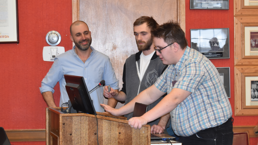 <p>(From Left) Prince Edward Learning Centre program facilitator Jonah Schein and PELC students Sam Dorey and Bradley O’Neil provide a deputation on food insecurity in Prince Edward County to the Committee of the Whole on Thursday. (Sarah Williams/Gazette Staff)</p>
