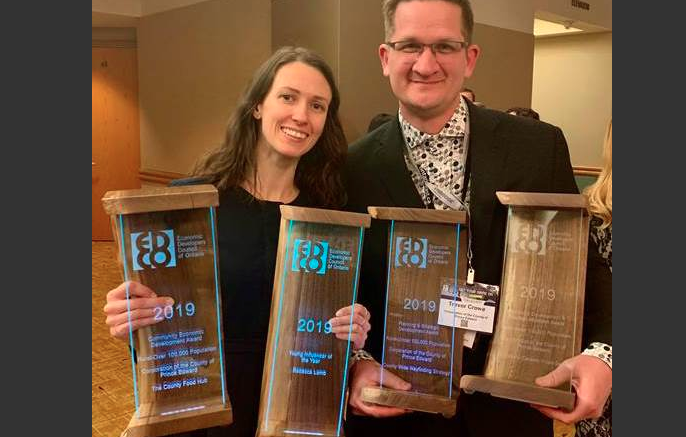 <p>Rebecca Lamb, Destination Marketing and Development Coordinator, and Trevor Crowe, Community Development Coordinator, accepted the Economic Developers Council of Ontario Awards on Thursday. Submitted photo</p>
