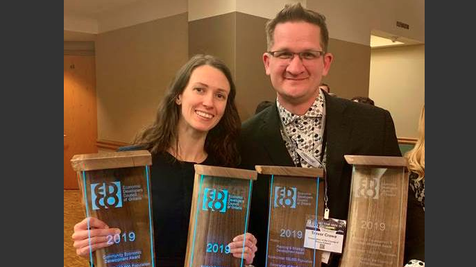 <p>Rebecca Lamb, Destination Marketing and Development Coordinator, and Trevor Crowe, Community Development Coordinator, accepted the Economic Developers Council of Ontario Awards on Thursday. Submitted photo</p>
