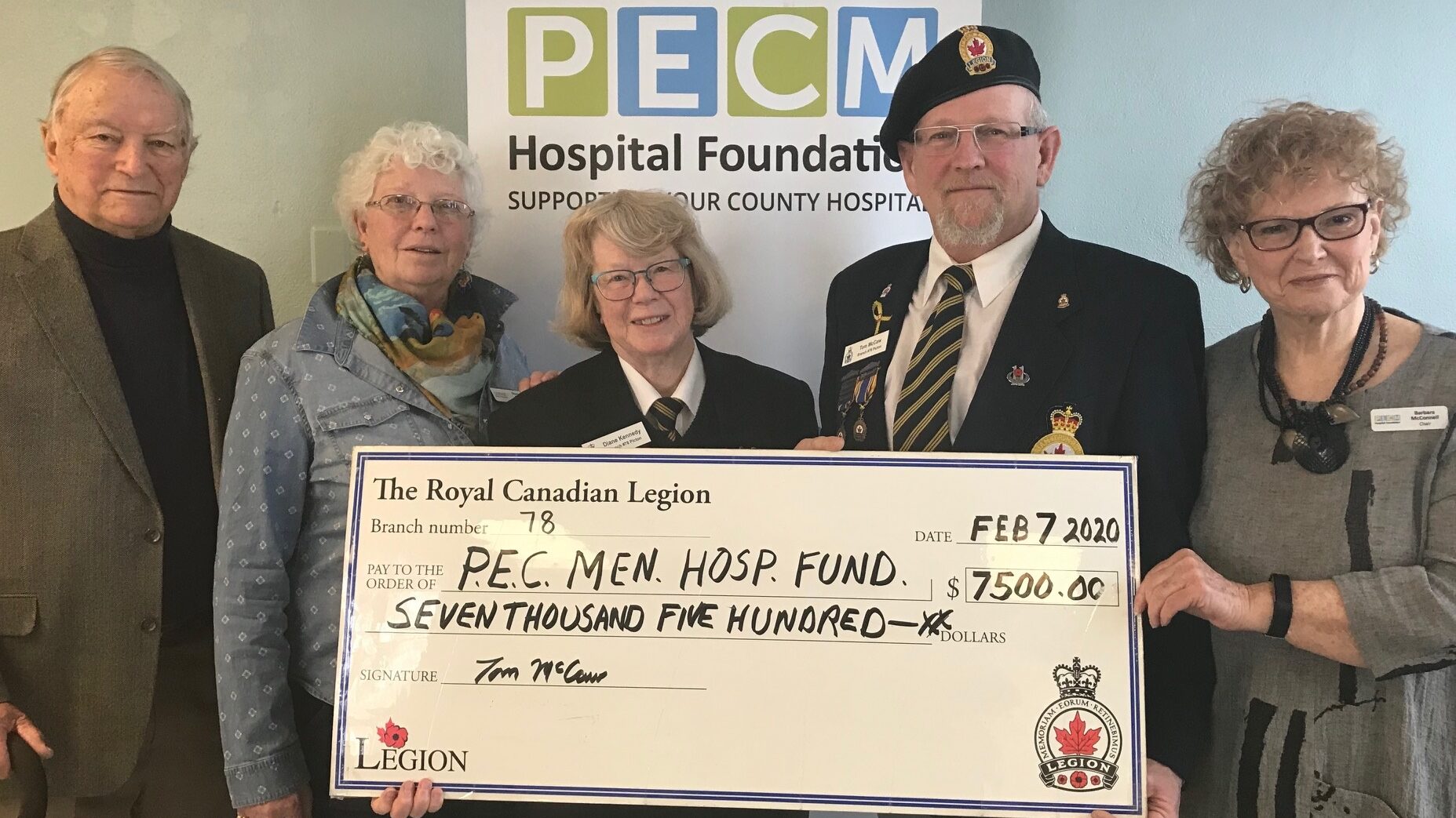 <p>GIVING GRANT From left: PECMH Foundation board member Leo Finnegan, PECMHF Board Member Sherry Tait, Diane Kennedy president of RCL Branch 78, Tom McCaw second vice president of the RCL Branch 78 and Barbara McConnell chairperson of PECMHF. Photo by Briar Boyce</p>
