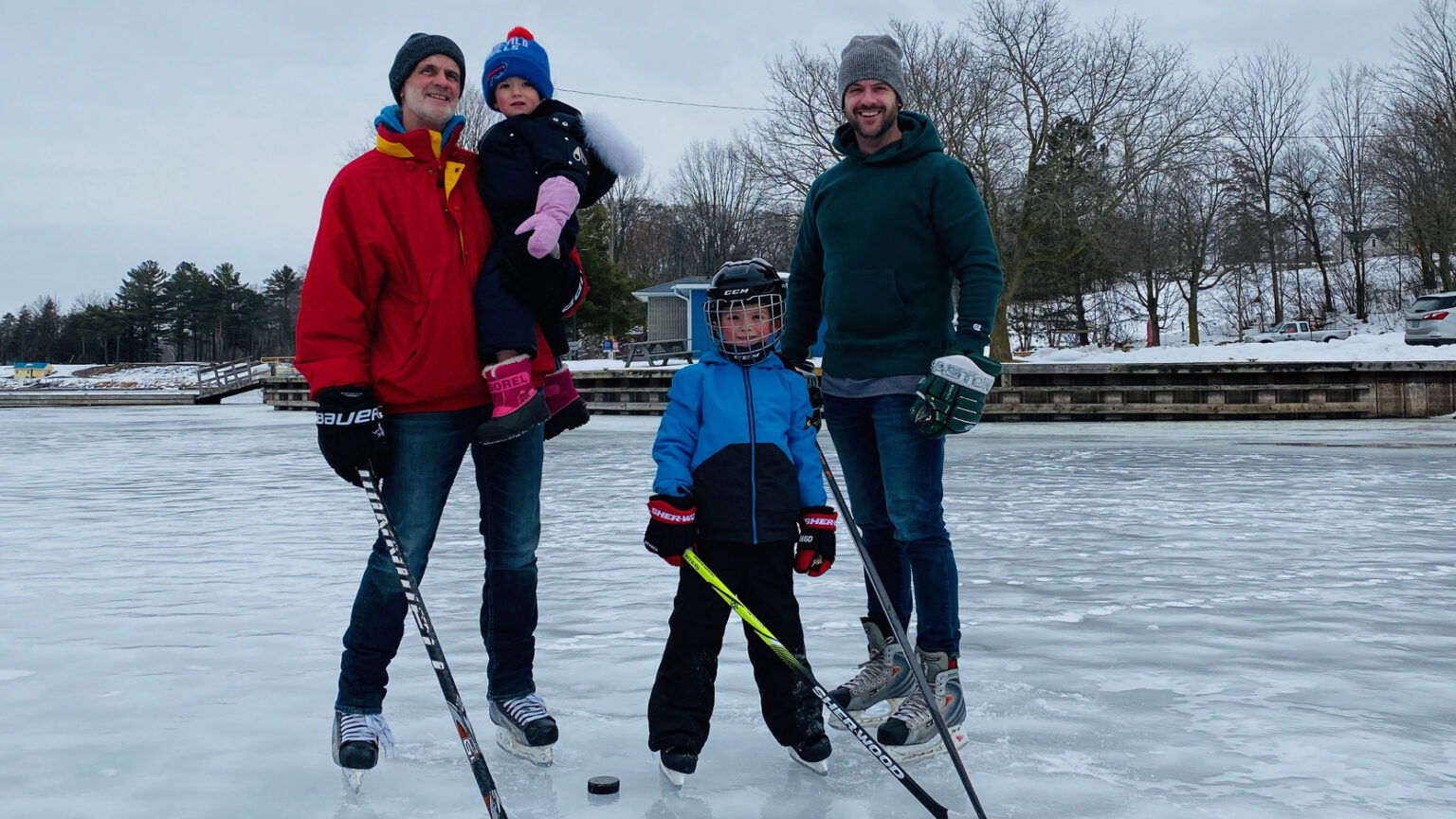 <p>Three generations of Thompsons hit the Picton Harbour ice on Friday afternoon including (from left)m Blaine, Aviana, Cruz and CJ Thompson. A former Wellington Duke and NCAA champion, CJ Thompson hopes to revitalize the harbour and his Tip of the Bay property in the coming years. (Thompson Family Photo)</p>
