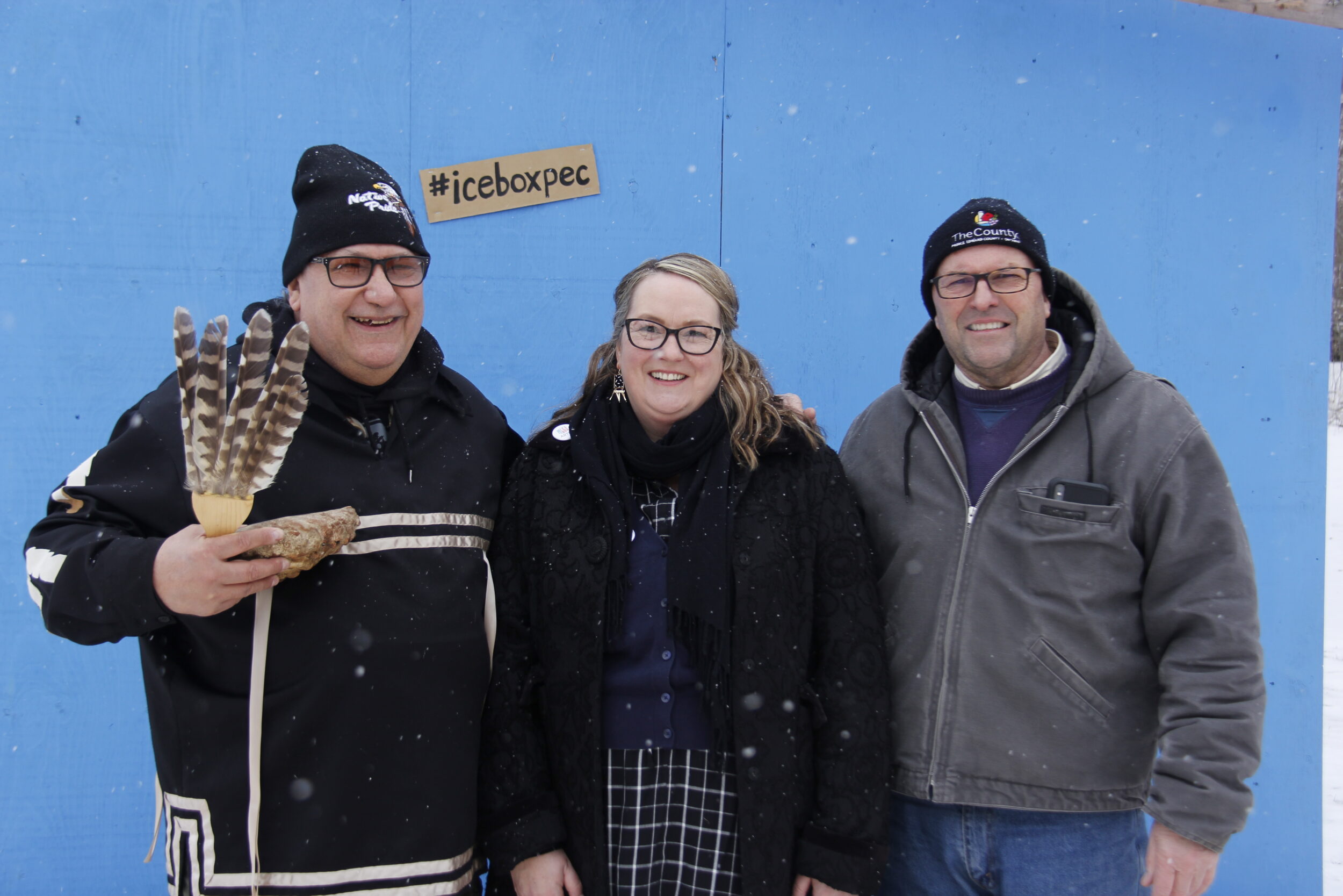 <p>A WELCOMING SIGHT (Left) Mohawk Elder David Jock Wenhniseriio and  (Right) Mayor Steve Ferguson of Prince Edward County joins  Artistic Director for The Department of Illumination Krista Dalby at the opening ceremony of Ice Box on Saturday. Ice Box is a two weekend outdoor art event on the grounds of Macaulay Heritage Park In Picton. (Desirée Decoste/Gazette Staff)</p>
