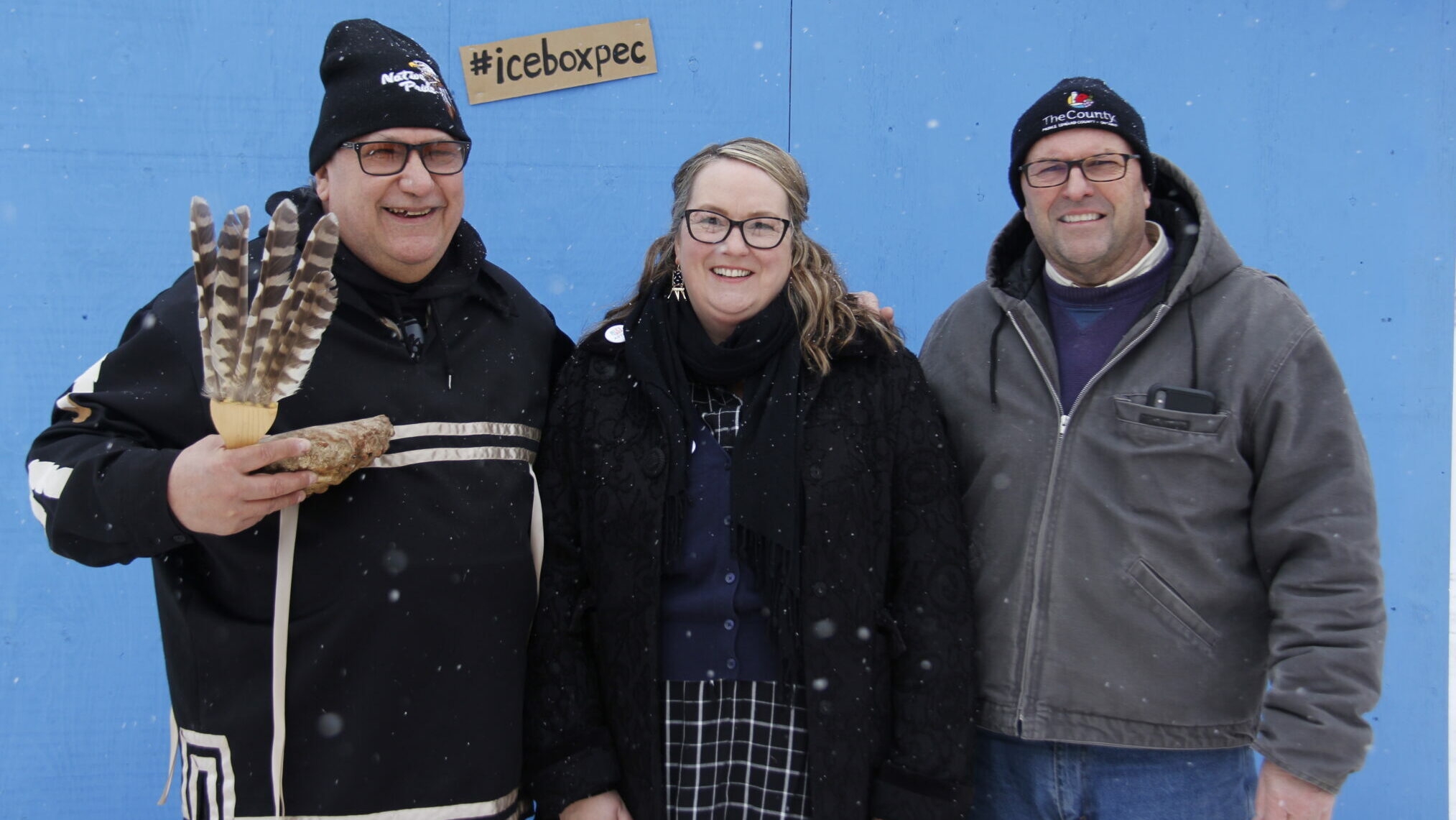 <p>A WELCOMING SIGHT (Left) Mohawk Elder David Jock Wenhniseriio and  (Right) Mayor Steve Ferguson of Prince Edward County joins  Artistic Director for The Department of Illumination Krista Dalby at the opening ceremony of Ice Box on Saturday. Ice Box is a two weekend outdoor art event on the grounds of Macaulay Heritage Park In Picton. (Desirée Decoste/Gazette Staff)</p>
