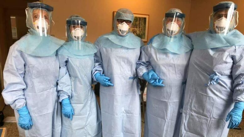 <p>COVERED AND CLEAR Staff at PECMH stood with some PPE and are welcoming donations of any unused PPE during the COVID-19 pandemic as a global shortage hits hospitals. (Submitted photo)</p>

