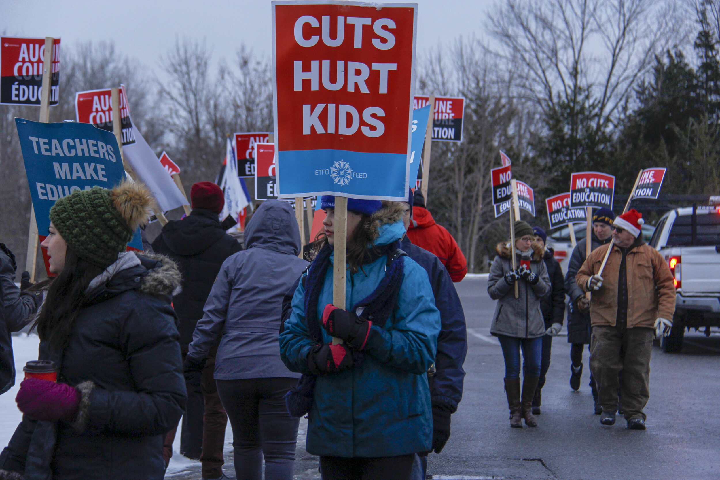 <p>CUTS NO MORE Pictured here is a joint teachers strike back in November 2019 at Todd Smiths office on HWY 62. Luckily, for now, no more strike is needed as the Ontario Public School Boards’ Association (OPSBA)/Council of Trustees’ Associations (CTA) and the provincial government have quietly but finally reached a successfully tentative agreement with the Elementary Teachers’ Federation of Ontario (ETFO). (Desirée Decoste/Gazette Staff)</p>
