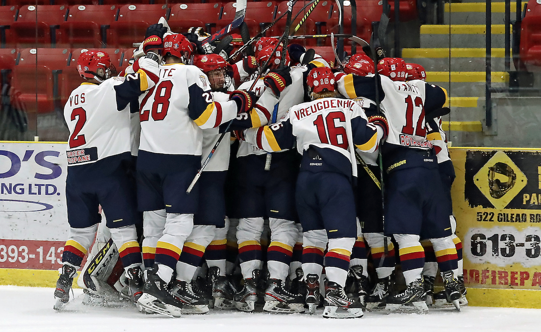 <p>Scenes like this Game 3 Overtime celebration on March 1 have been common place at Lehigh Arena over the past few springs. (Ed McPherson/OJHL Images)</p>
