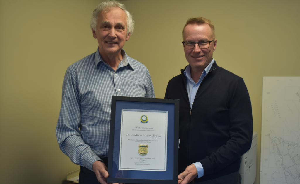 <p>Retired Dr. Andrew Janikowski pictured  with Dr. Paul Dungey of the Ontario Coroners Association, offered a look at his experiences practicing medicine in Nunavut to the Rotary Club of Picton last week. (Sarah Williams/Gazette File Photo)</p>

