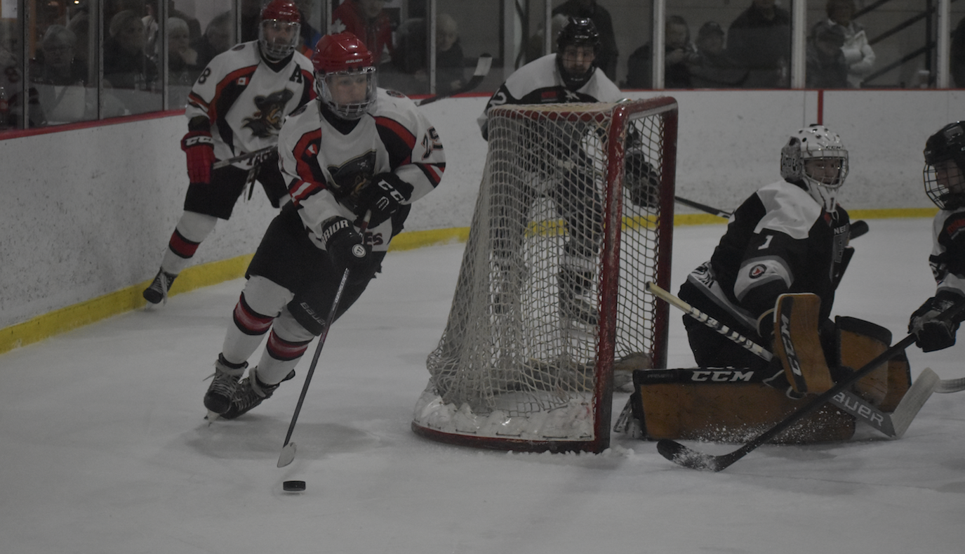 <p>Picton Pirate Khaden Henry swoops behind the Napanee Raiders net Thursday night. (Jason Parks/Gazette Staff)</p>

