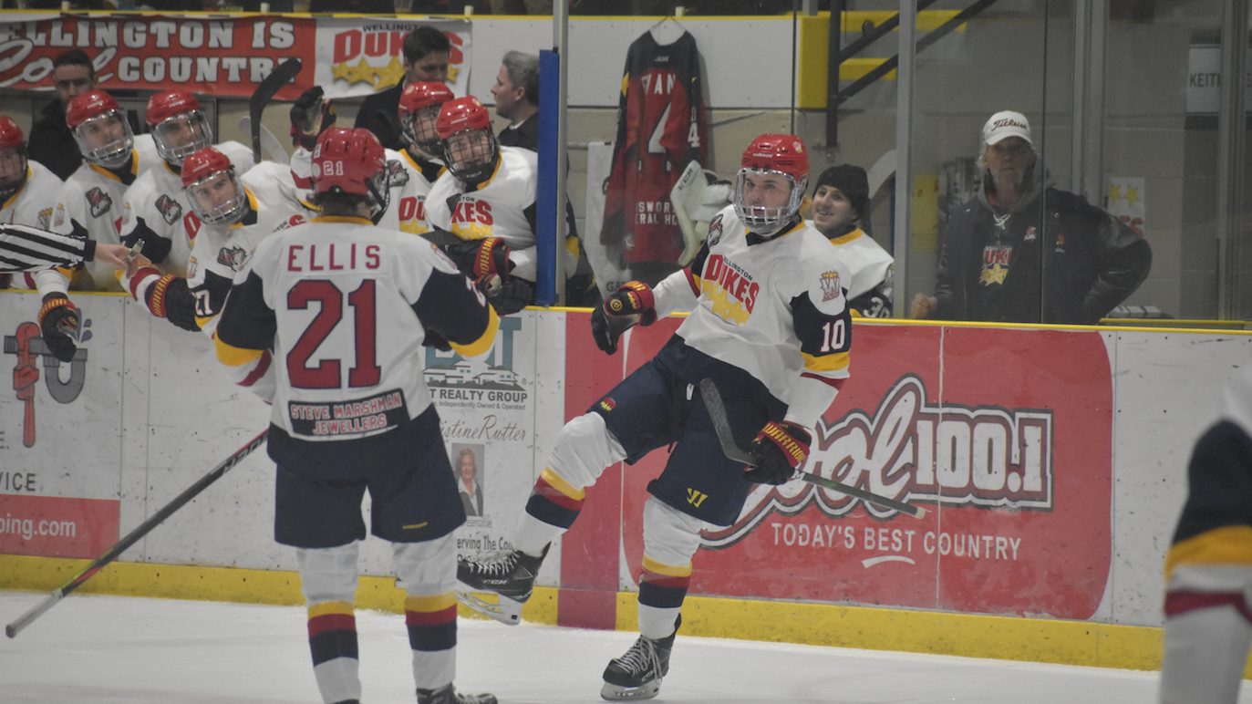 <p>Wellington’s Dawson Ellis skates over to celebrate Jacob Breckles on his third period goal in Game 1 of the 2020 East Division Semi-Finals against Cobourg Friday night at Lehigh Arena. (Jason Parks/Gazette Staff)</p>
