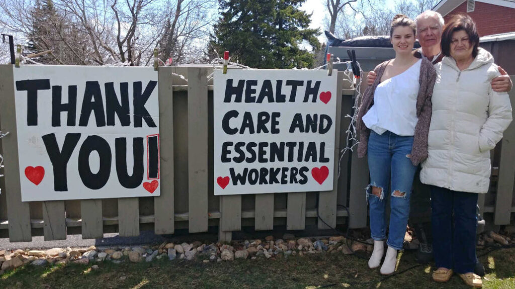 <p>A SHOW OF SUPPORT Natalie St. Pierre-Jubb, Ted Jubb and Denise St. Pierre are publicly thanking health care and essential workers in Prince Edward County for their continued efforts to serve the community during the COVID-19 pandemic. (Danielle Findlay/For the Gazette)</p>
