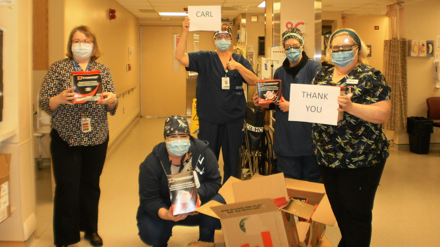 <p>Staff members at Prince Edward County Memorial Hospital show their appreciation for Calgary-based Dynamic-Safety PIP for a free shipment of N95 and P100 masks. (Submitted Photo)</p>
