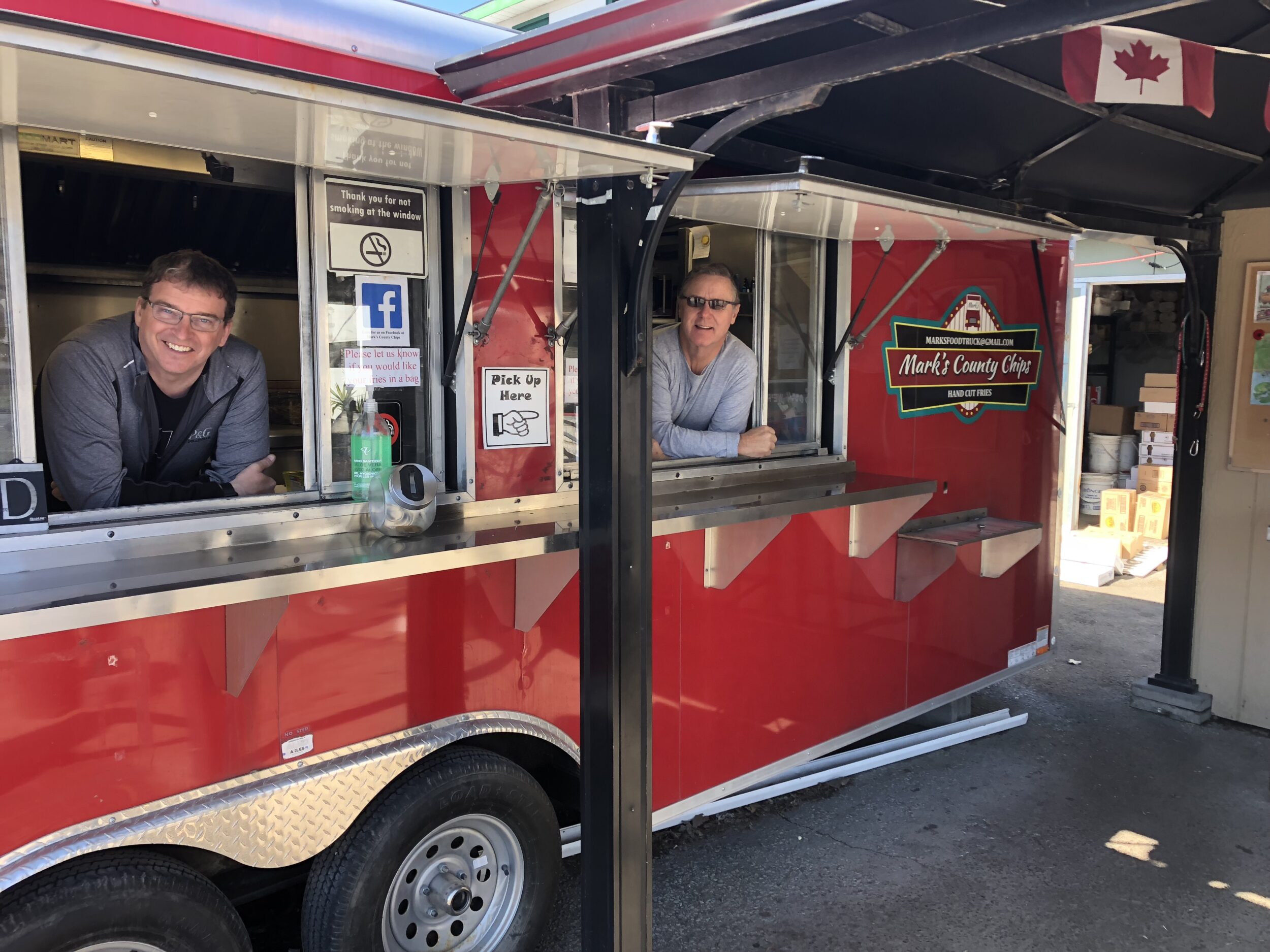 <p>FAMILIAR FACES- (From left) Incoming owner Gavin Bonham-Carter and outgoing owner Mark Kennedy at Mark’s County Chips. (Jason Parks/Gazette Photo)</p>

