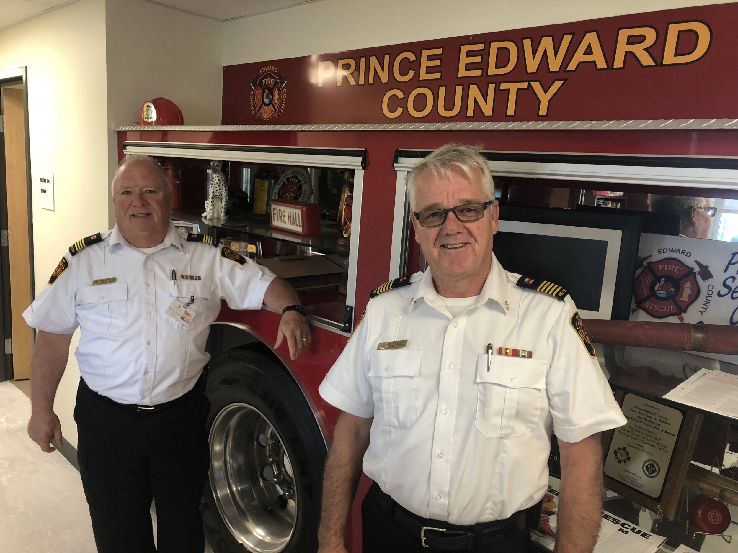 <p>A CHANGE AT THE TOP (From Left) Incoming Prince Edward County Fire and Rescue Chief Robert Rutter and outgoing Chief Scott Manlow at Station One Tuesday. (Jason Parks/Gazette)</p>
